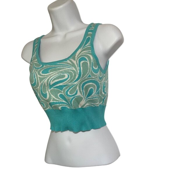 Garage Knit Turquoise & White Swirl Crop Tank Top Womens Size Small - Picture 2 of 6